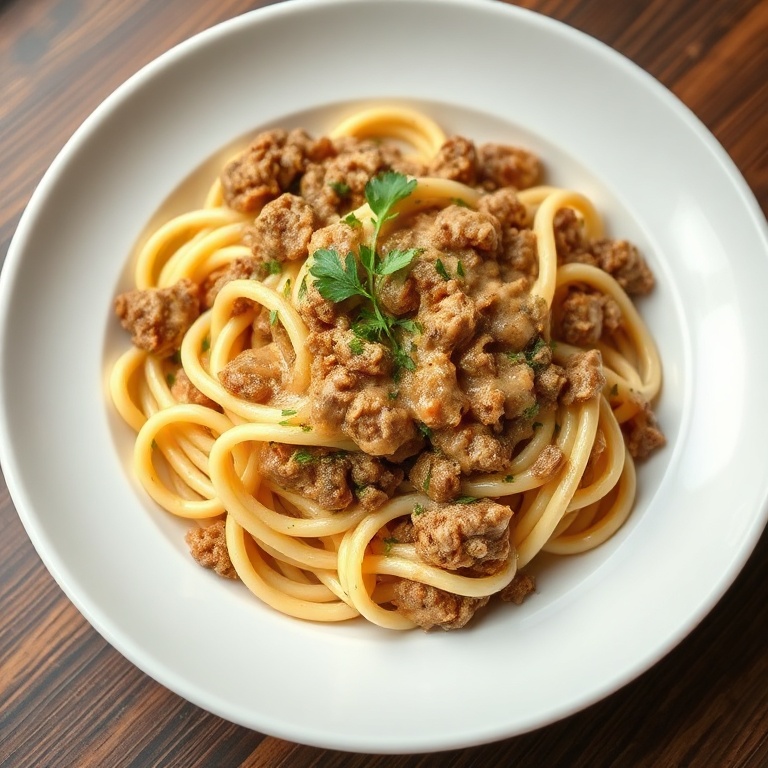 A perfectly plated serving of creamy ground beef pasta with a sprinkle of fresh parsley