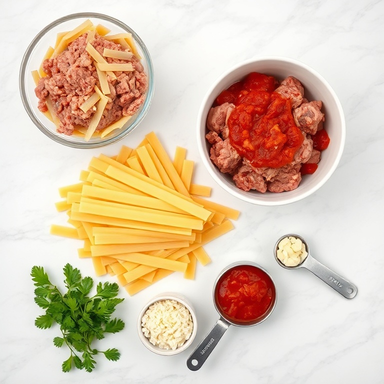 Raw ingredients for creamy ground beef pasta: ground beef, pasta, tomato sauce, garlic, and parmesan