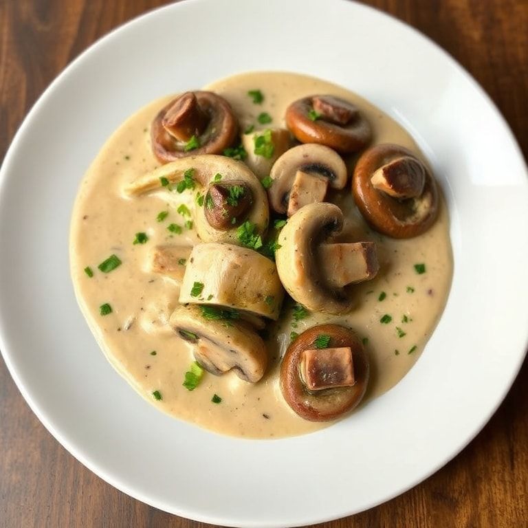 Single serving of creamy mushroom chicken, garnished with chopped parsley, plated on a shallow white dish with warm light and rich sauce.