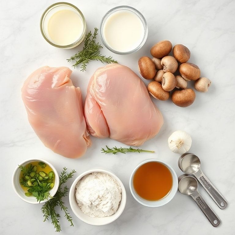Overhead of chicken breasts, cremini mushrooms, heavy cream, garlic, and fresh thyme with prep bowls and measuring spoons on white marble.