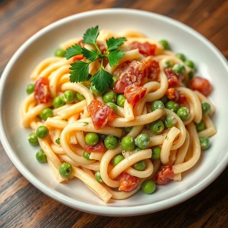 Plated creamy pasta salad with bacon and peas. Topped with fresh parsley. A white ceramic bowl under warm lighting.