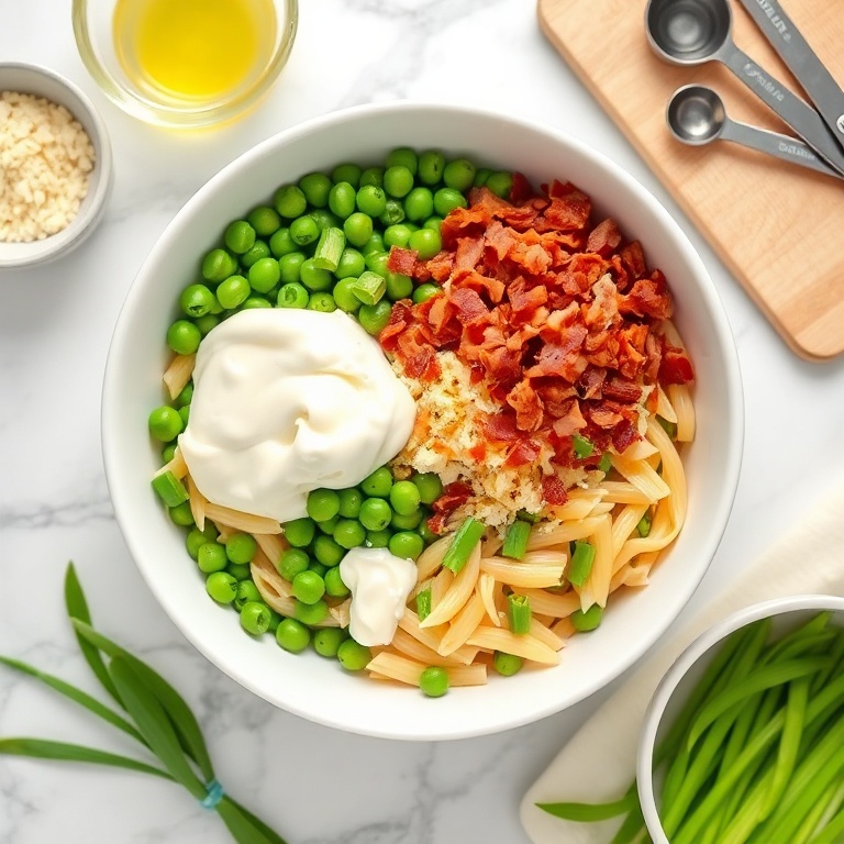 Fresh peas, cooked pasta, crumbled bacon, mayonnaise, and green onions in a white bowl. Measuring tools and a cutting board nearby.