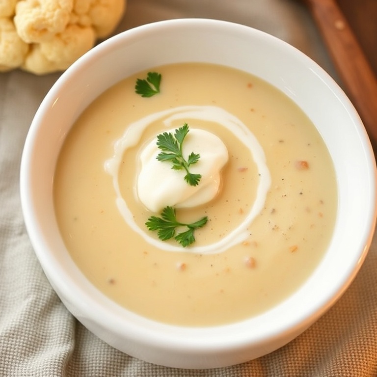 A serving of creamy roasted cauliflower soup in a white ceramic bowl. A sprinkle of parsley and a drizzle of cream on top.