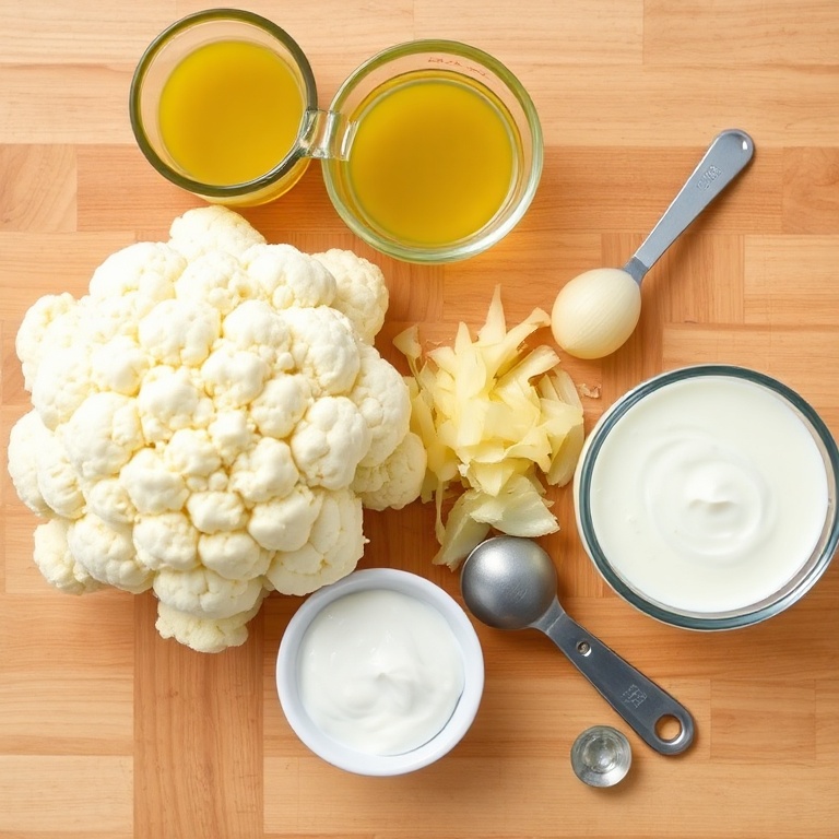 Raw cauliflower, onion, garlic, vegetable broth, and cream arranged in a flat lay on a wooden board. Measuring cups and spoons nearby.