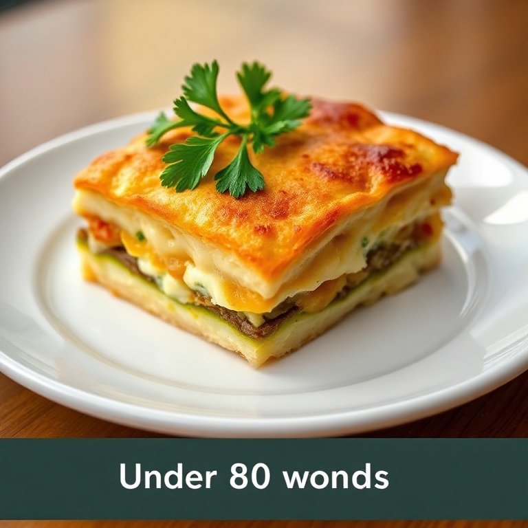 Perfectly plated casserole with fresh parsley garnish. Creamy layers and golden crust. White ceramic plate under warm lighting.