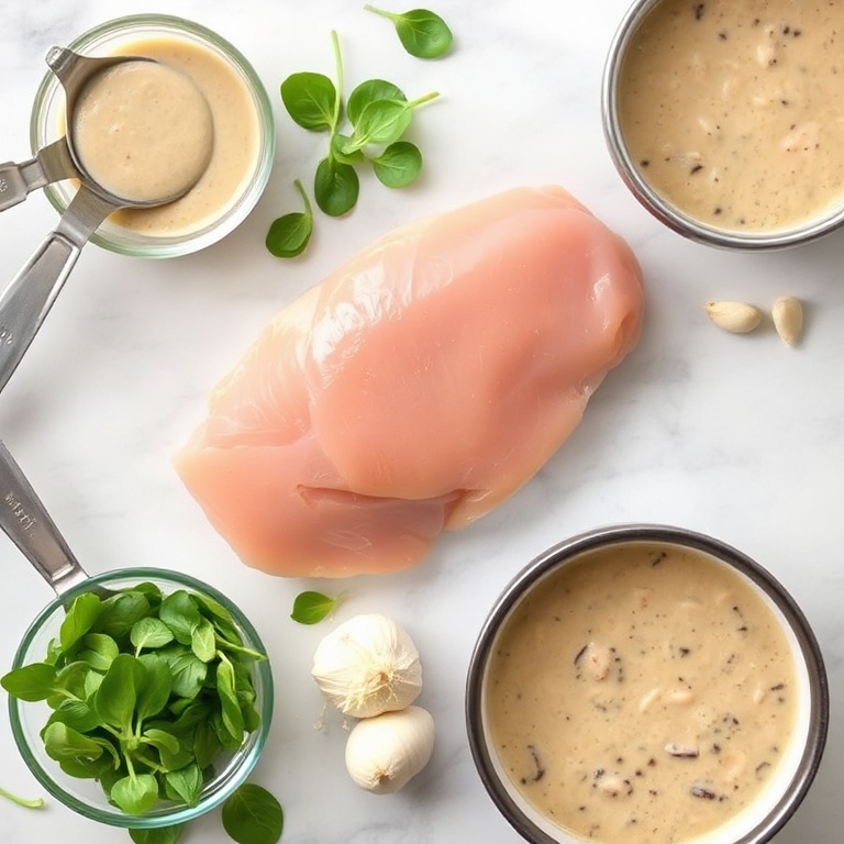 Fresh chicken breast, baby spinach, cream of mushroom soup, cheese, and garlic. Measuring spoons and bowls on white marble surface. Bright even light.