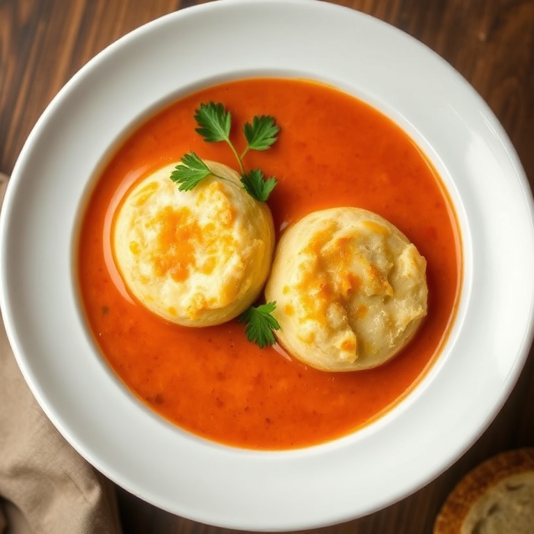 A single serving of creamy tomato soup with two cheddar bay dumplings, garnished with fresh parsley, in a rustic white soup bowl.