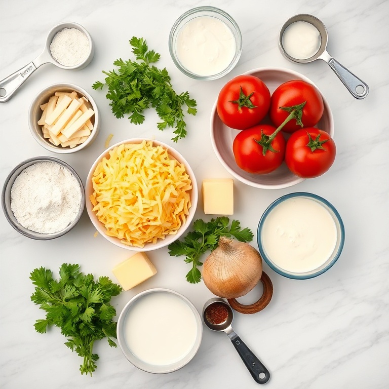 Overhead flat lay of canned tomatoes, cheddar cheese, fresh parsley, flour, milk, butter, and seasonings arranged in prep bowls on a white marble surface.