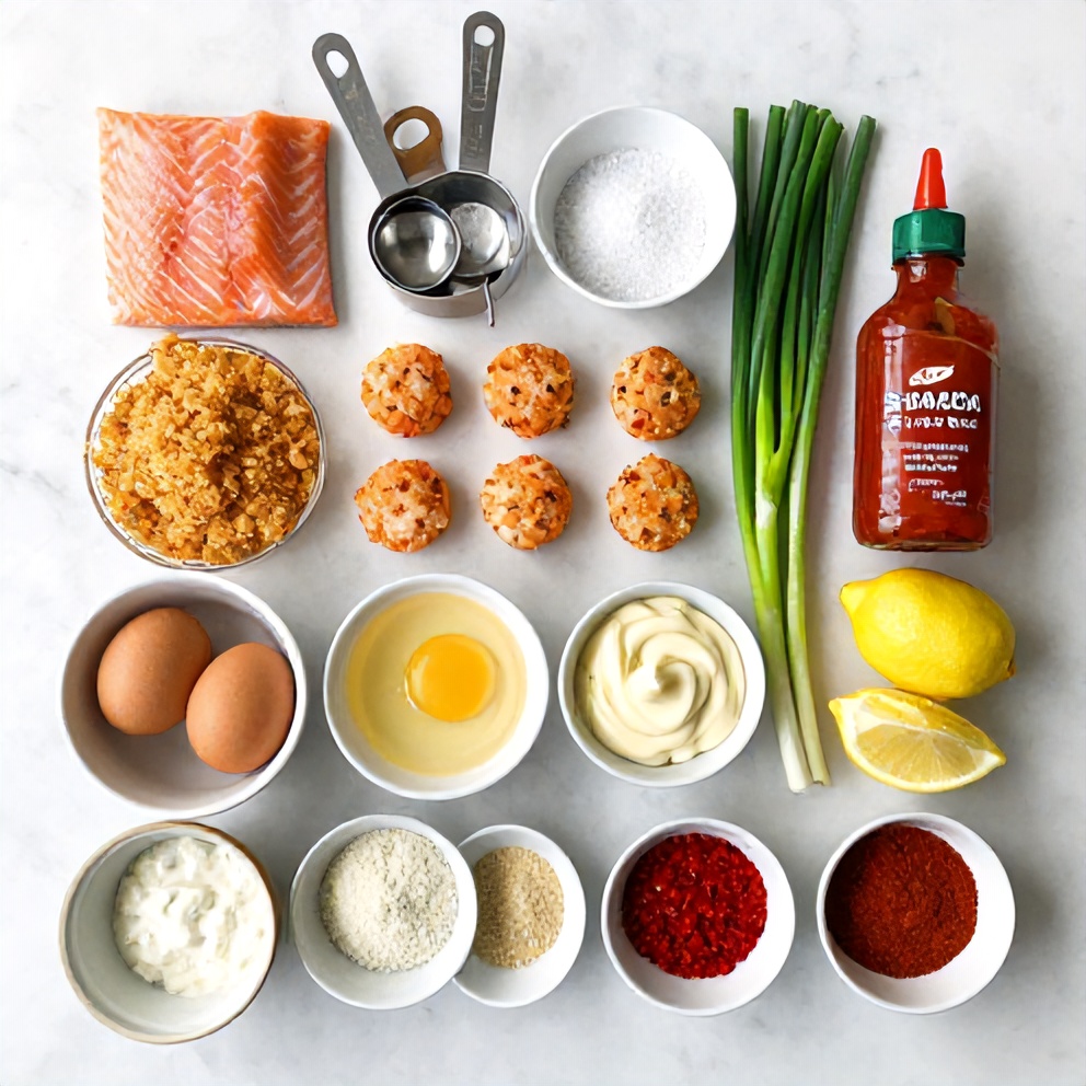Raw ingredients for Bang Bang Salmon Bites on a marble surface