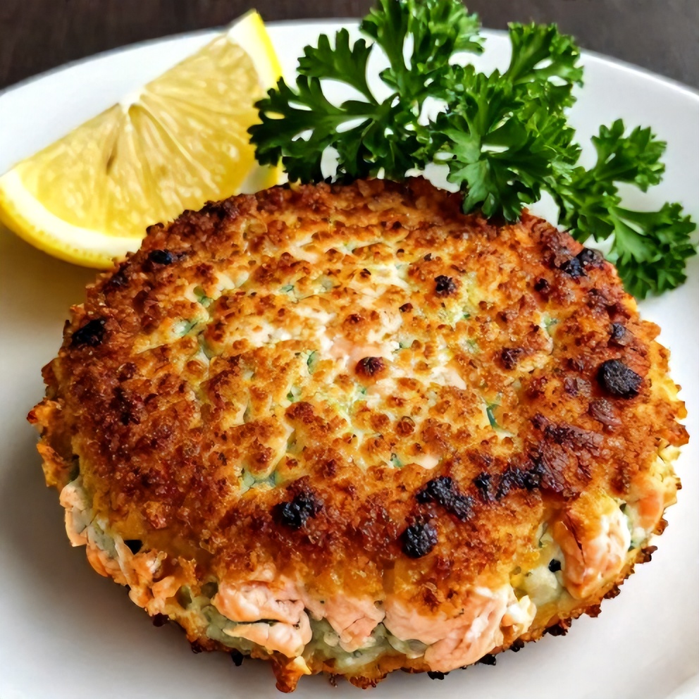 Plated salmon cake with lemon wedge
