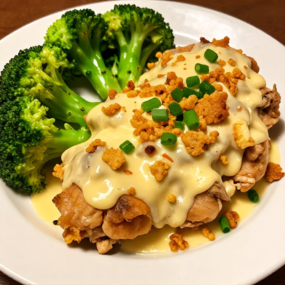 Plated serving of crock pot crack chicken with a side of steamed broccoli