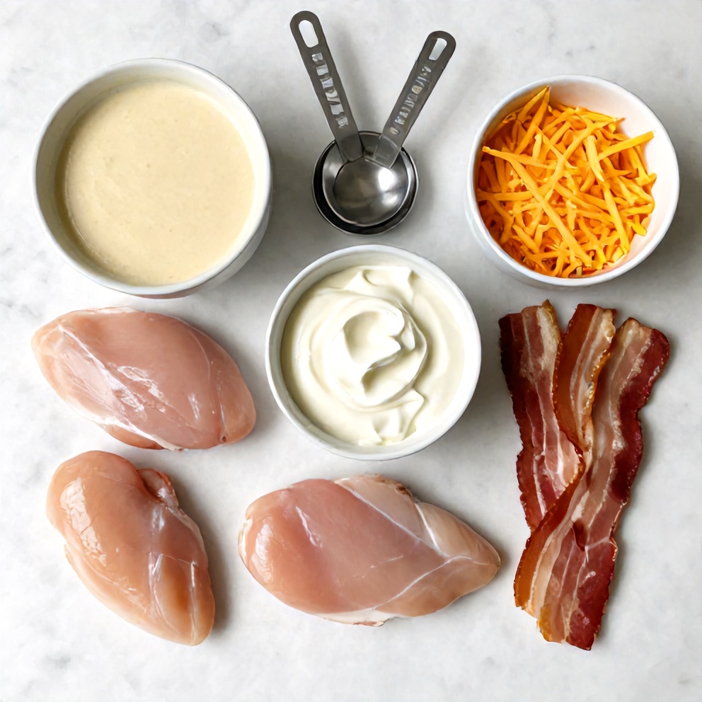 Raw ingredients for crock pot crack chicken laid out on a white marble countertop