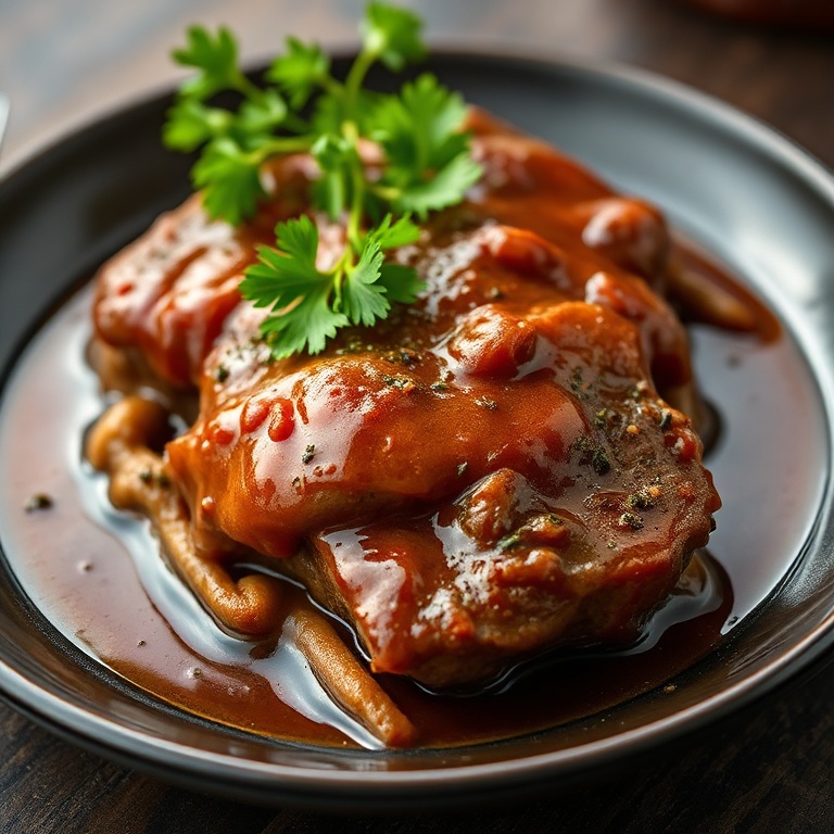 Perfect plated serving of pepper steak. Garnished with fresh parsley. Dark ceramic plate shows rich sauce and tender meat texture.