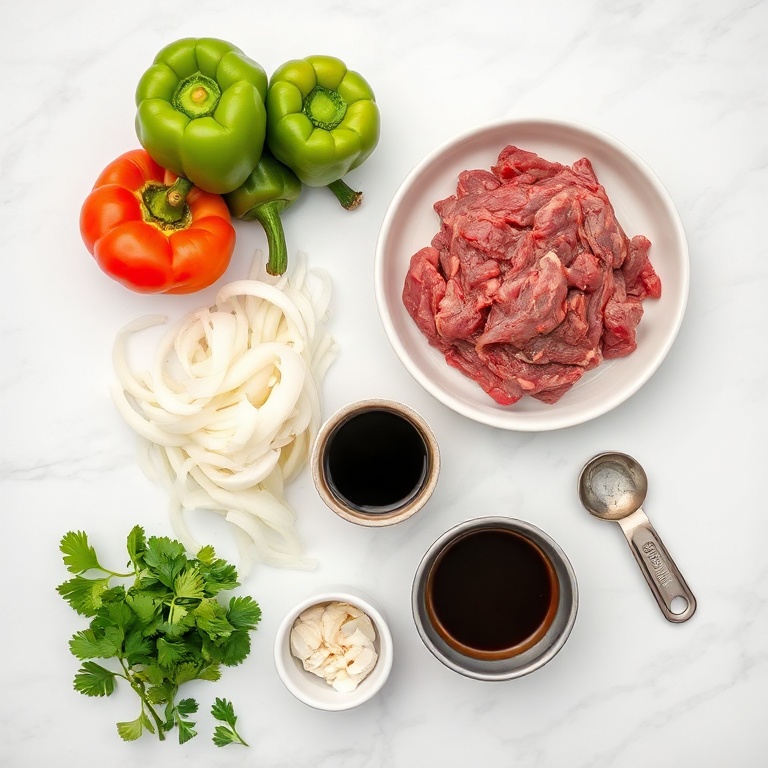 Raw ingredients for pepper steak arranged in an overhead flat lay. Beef, bell peppers, onions, soy sauce, and garlic visible. Measuring spoons and bowls nearby.