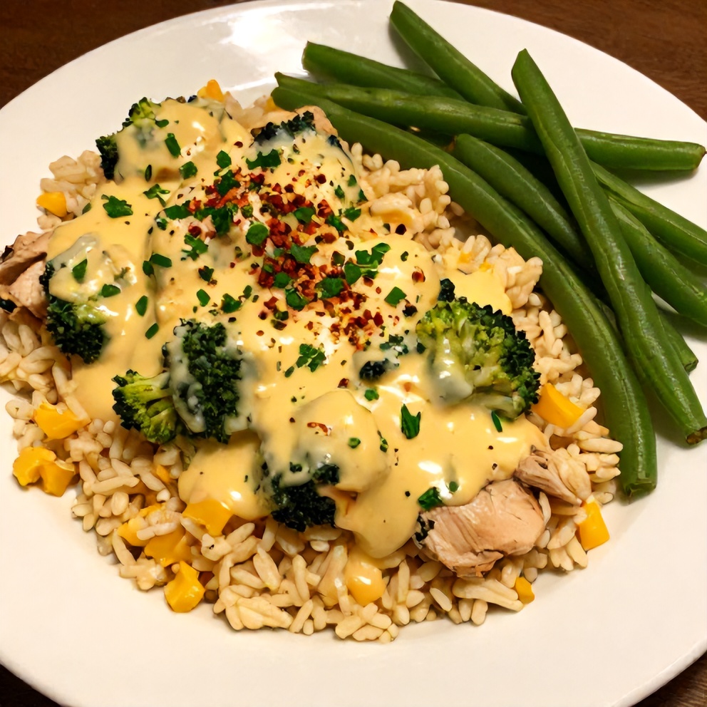 Plated crockpot broccoli cheddar chicken and rice dinner with a side of green beans
