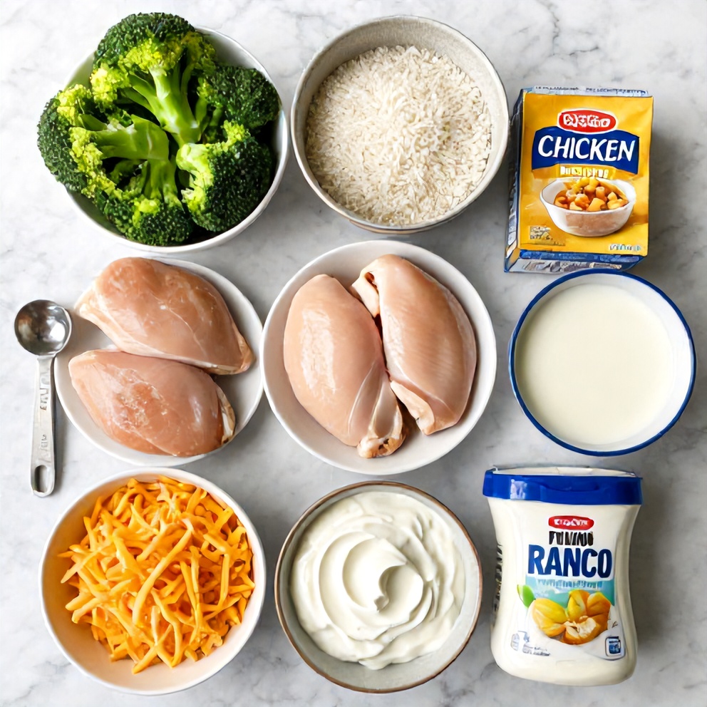 Raw ingredients for crockpot broccoli cheddar chicken and rice dinner on a marble surface