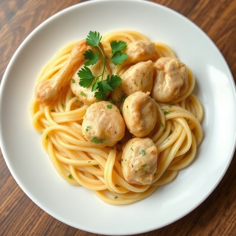 Perfectly plated chicken and noodles with fresh parsley. Creamy texture. Warm side lighting. White plate.