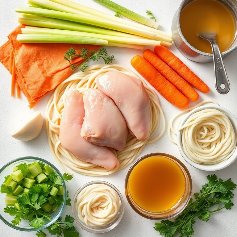 Raw chicken, noodles, carrots, celery, and broth arranged in a flat lay. Measuring cups and bowls visible. Bright natural light.