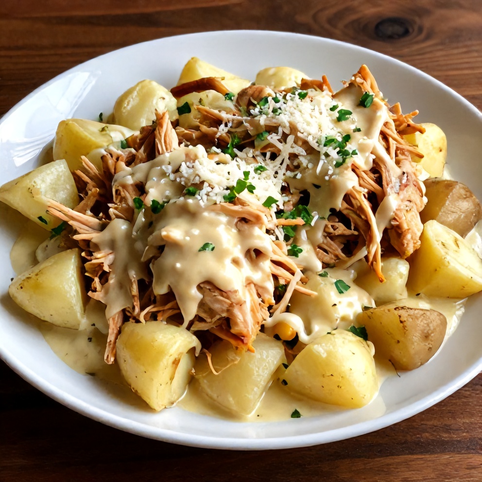 Plated Crockpot Garlic Parmesan Chicken and Potatoes