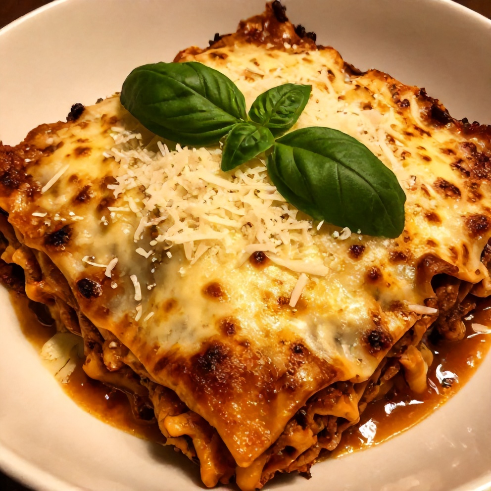 Plated serving of Crockpot Lasagna with fresh basil and grated Parmesan
