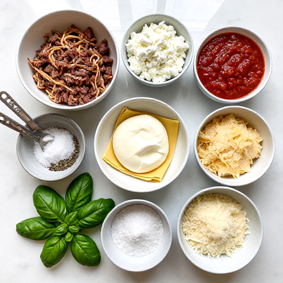 Raw ingredients for Crockpot Lasagna including ground beef, lasagna noodles, ricotta cheese, and marinara sauce