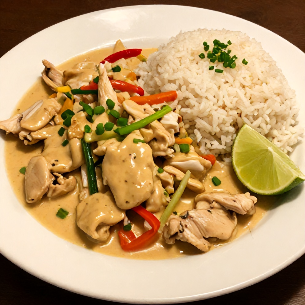 Thai Peanut Chicken served on a plate with rice and vegetables