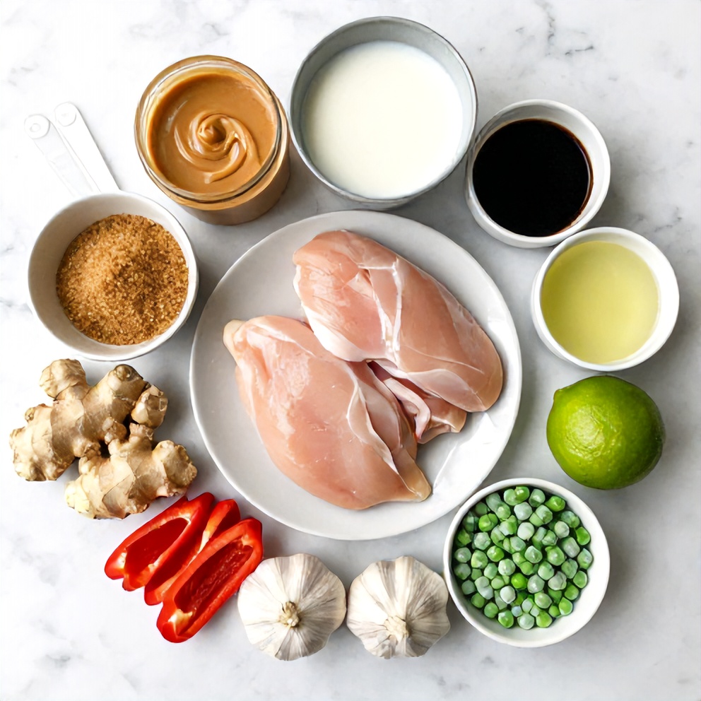 Ingredients for Thai Peanut Chicken laid out on a white marble countertop