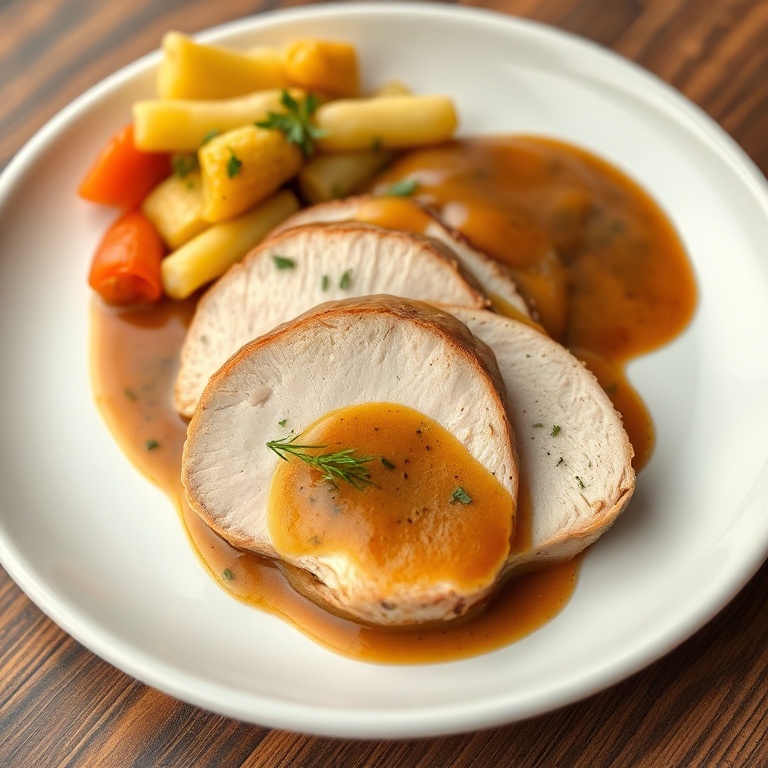 Sliced turkey breast on a plate with gravy and vegetables