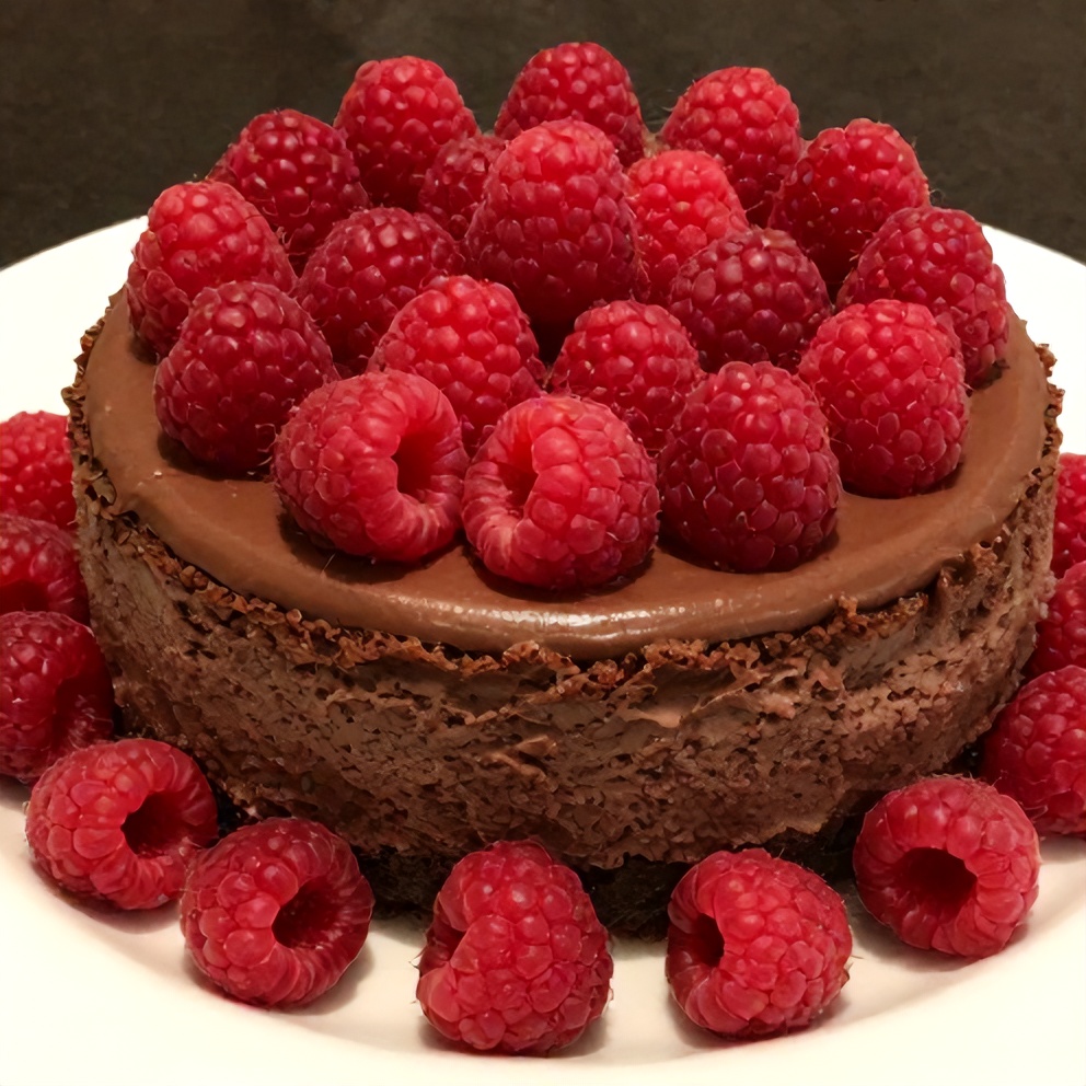 One perfect plated serving of Easy Dark Chocolate Raspberry Cheesecake on a white plate, garnished with fresh raspberries.