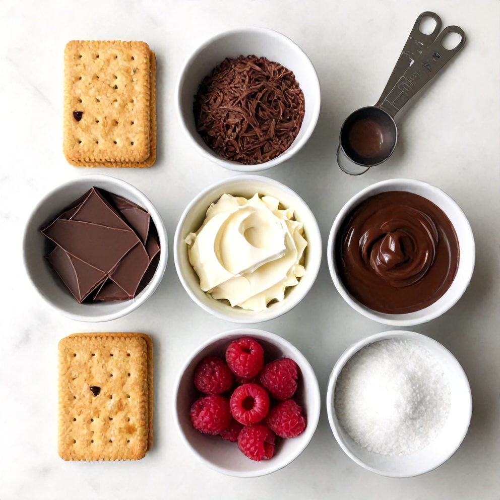 Overhead flat lay of the raw ingredients for Easy Dark Chocolate Raspberry Cheesecake, including graham crackers, cream cheese, dark chocolate, raspberries, and sugar.