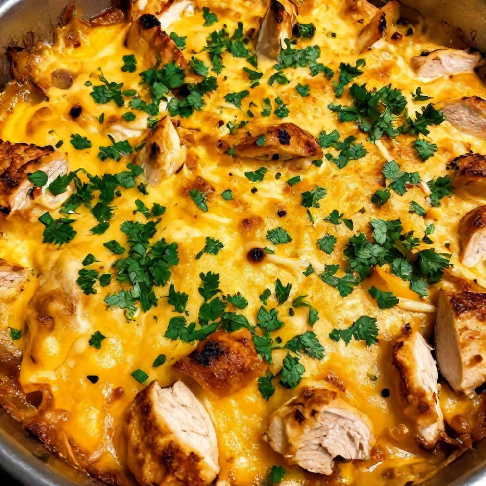 Plated fajita chicken casserole with fresh cilantro. Warm lighting highlights cheese and chicken. Close crop, 90% of frame filled.