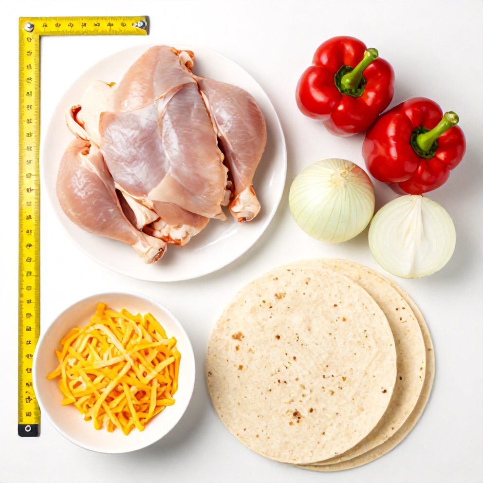 Raw chicken, bell peppers, onions, cheese, tortillas arranged in an overhead flat lay. Measuring tools and bowls visible. Bright light on white surface.