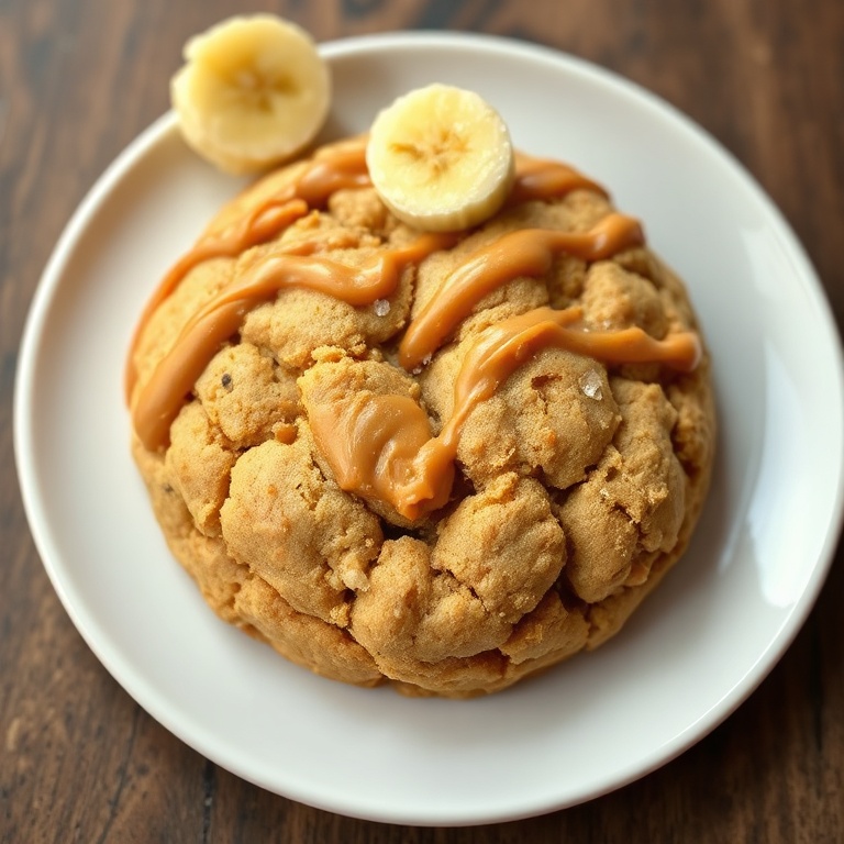 Single flourless peanut butter banana cookie on a white round plate, sprinkled with extra peanut butter drizzle and a few banana coins for garnish. Warm light brings out the chewy texture.
