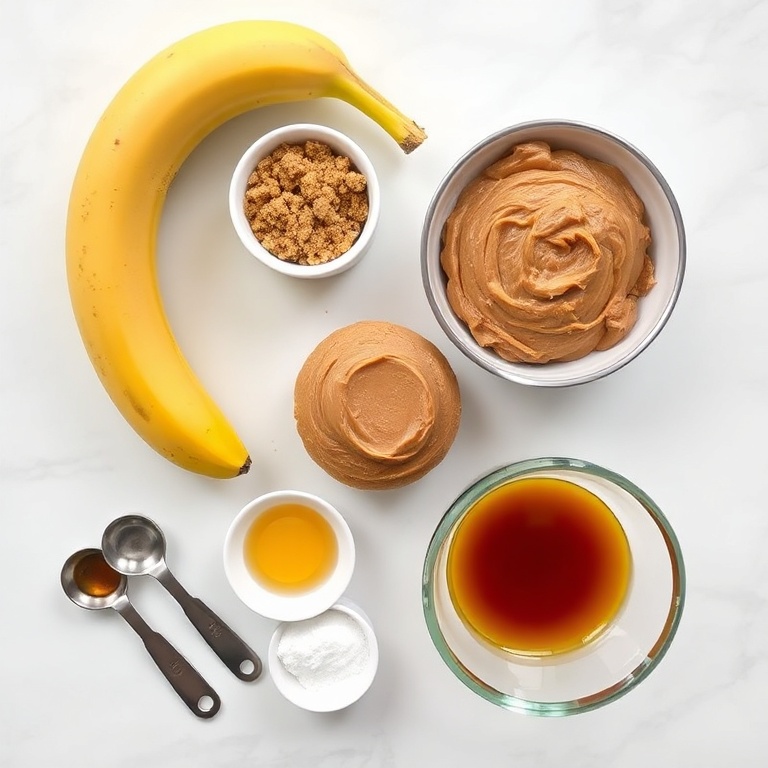 Overhead shot of raw ingredients for flourless peanut butter banana cookies with bananas, peanut butter, eggs, brown sugar, and vanilla as the most prominent. Measuring spoons and cups mingle on a bright surface.