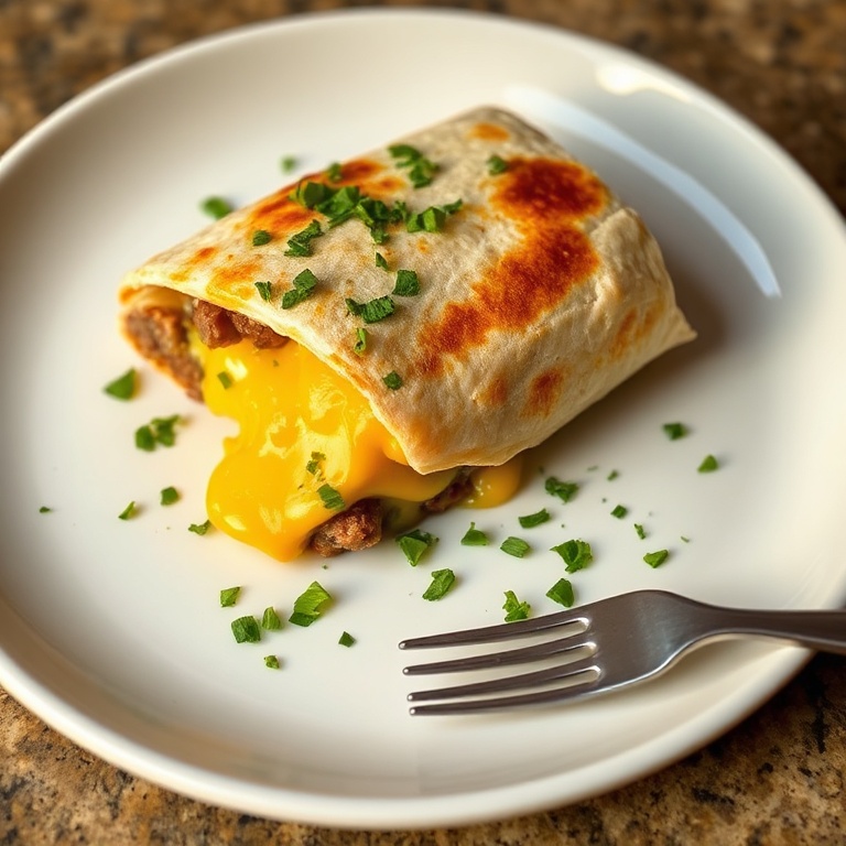 One golden, sliced breakfast burrito with fresh chopped cilantro on a white plate, cheese oozing from the cut edge, shot close and warmly lit.