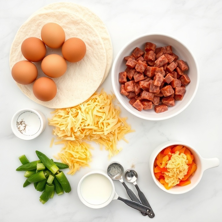 Overhead view of raw eggs, flour tortillas, breakfast sausage, shredded cheddar cheese, and bell peppers with small prep bowls and measuring spoons on bright white marble.