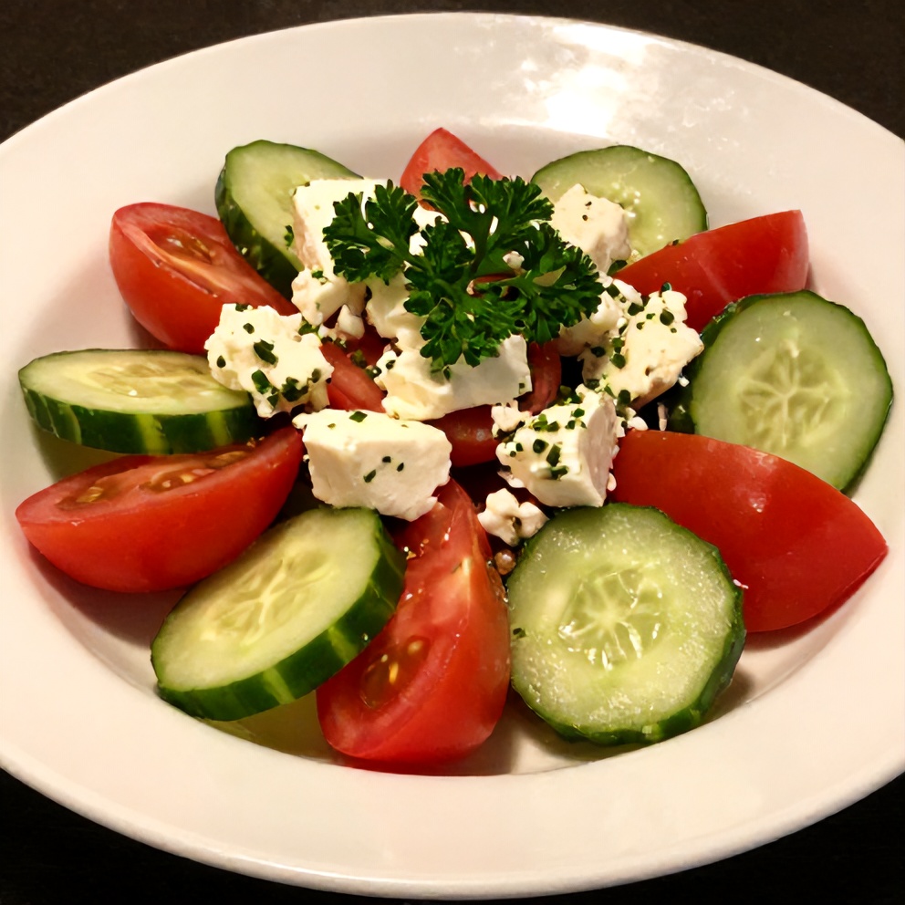Plated serving of fresh cucumber tomato feta salad
