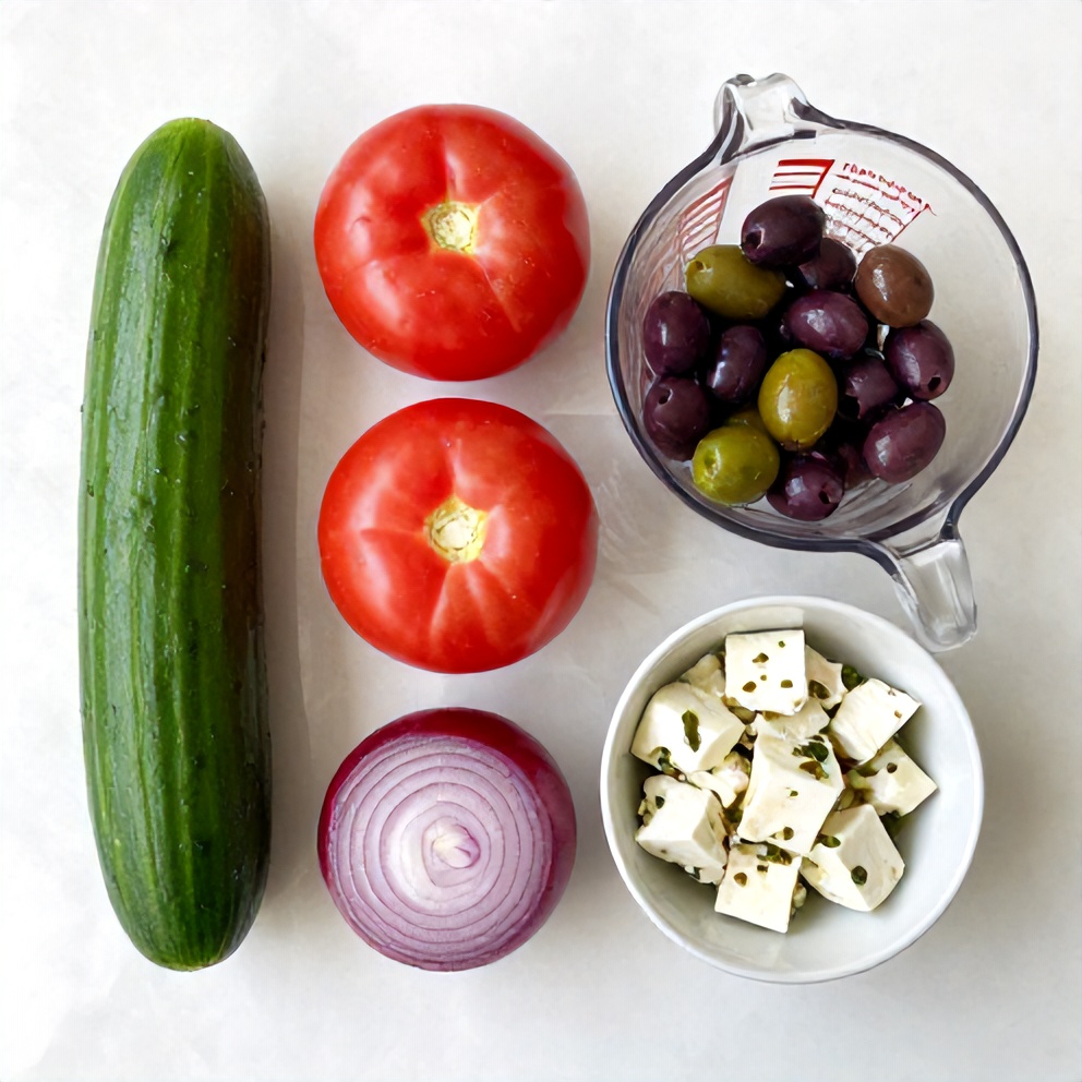 Raw ingredients for cucumber tomato feta salad: cucumbers, tomatoes, red onion, Kalamata olives, feta cheese, fresh parsley, olive oil, red wine vinegar, salt, and pepper