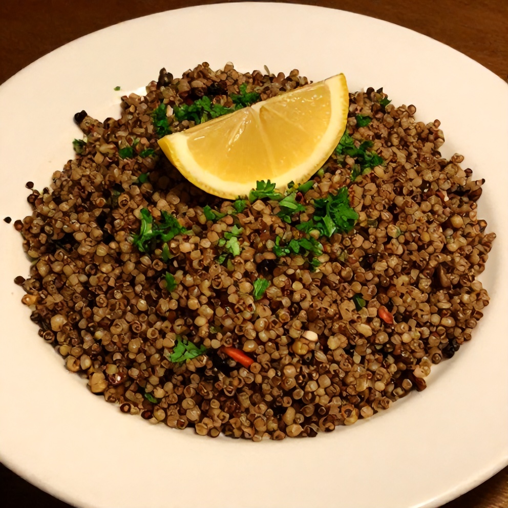 Plated Quinoa Tabbouleh Salad with a lemon wedge