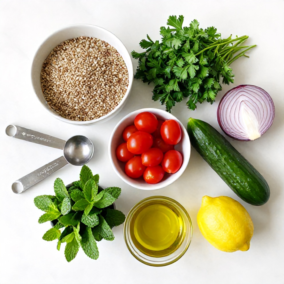 Quinoa Tabbouleh Salad ingredients: quinoa, cucumber, tomatoes, parsley, mint, red onion, lemon, olive oil