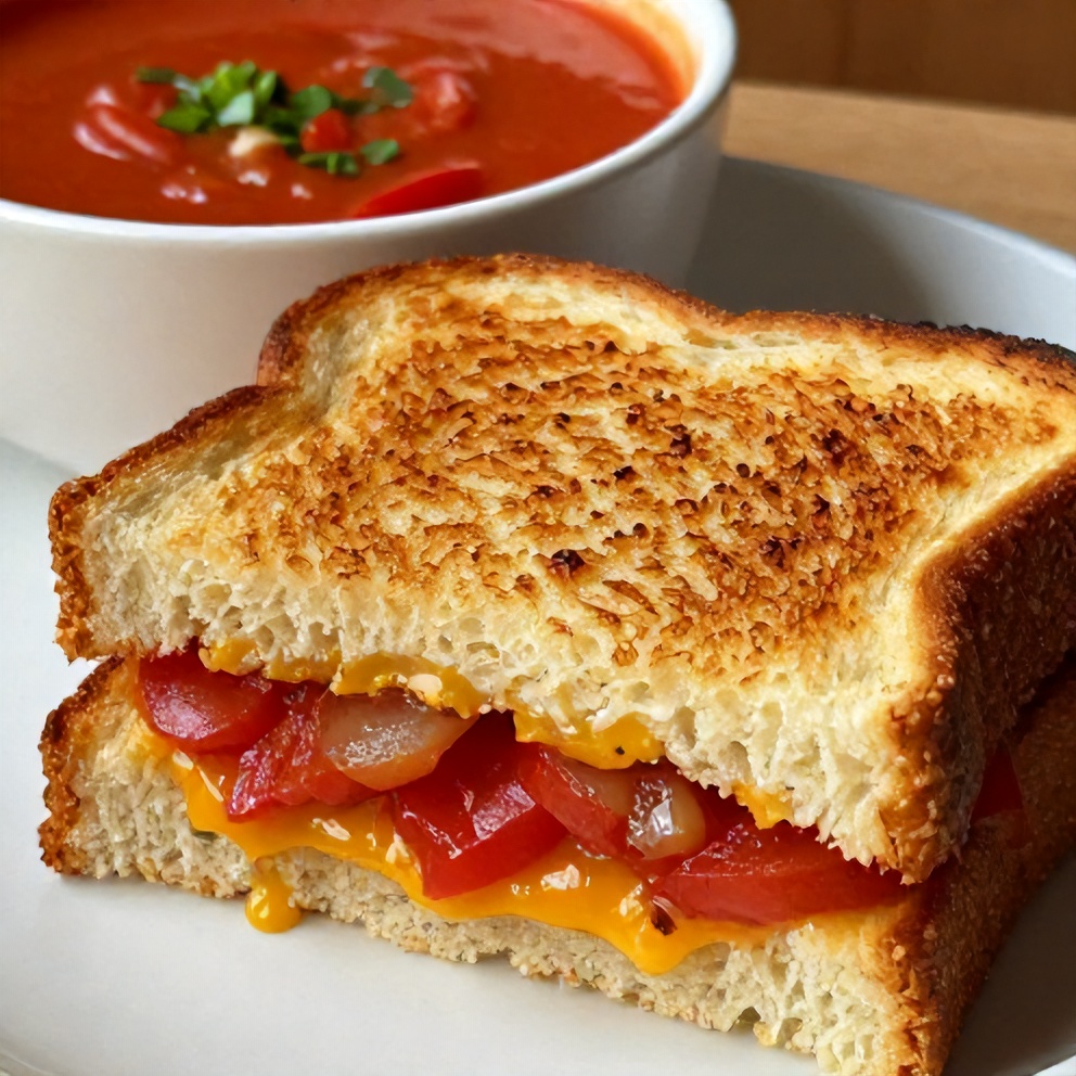 Plated garlic bread grilled cheese sandwich with tomato soup