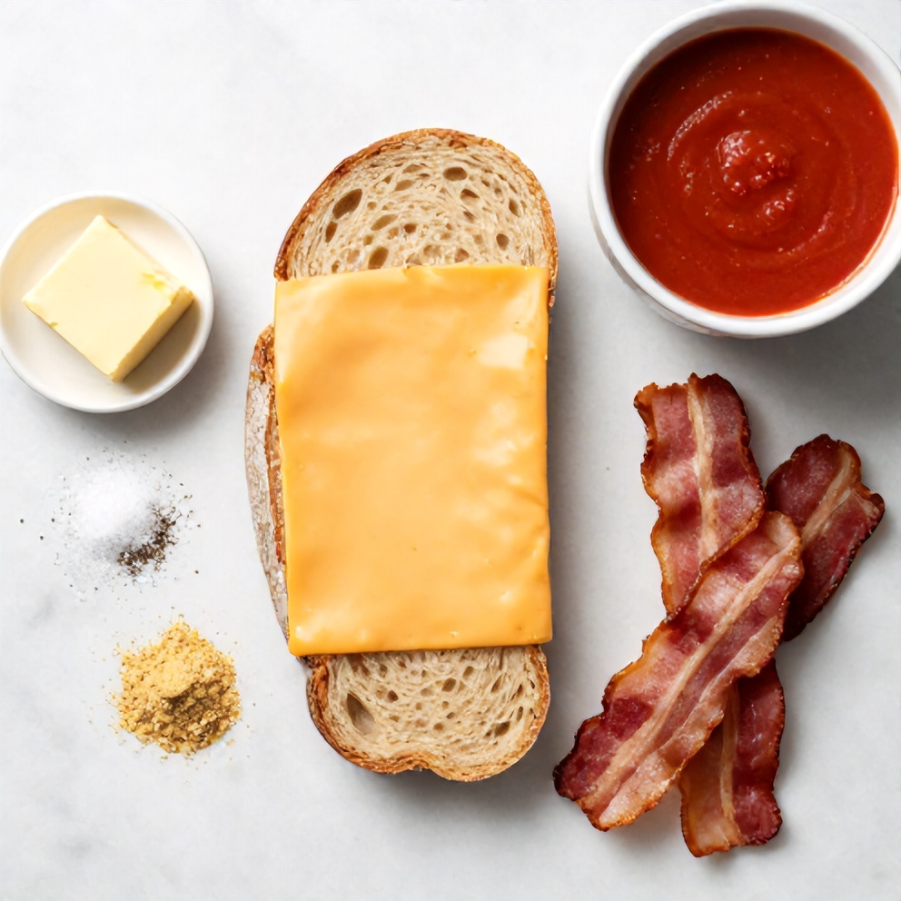 Raw ingredients for garlic bread grilled cheese sandwich on a marble surface