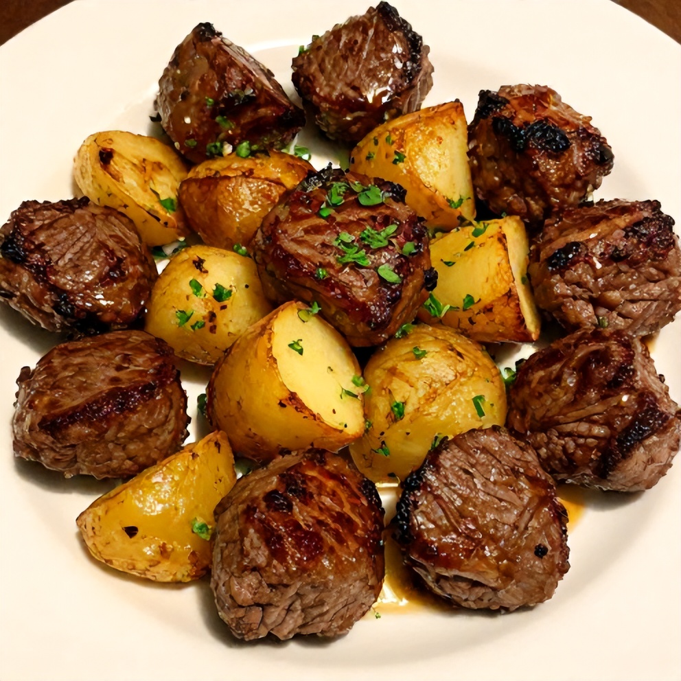Plated Garlic Butter Steak Bites with Potatoes