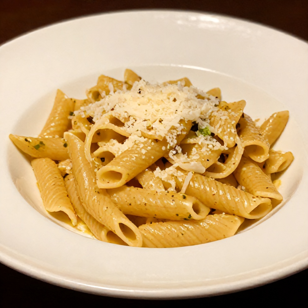 Pasta plated with a sprinkle of parmesan, served on a white plate, close crop with warm side lighting.