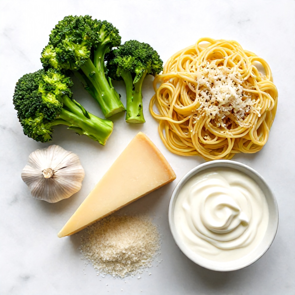 Raw ingredients for Garlic Parmesan Broccoli Pasta: broccoli, garlic, pasta, parmesan, heavy cream, arranged on a white marble surface.