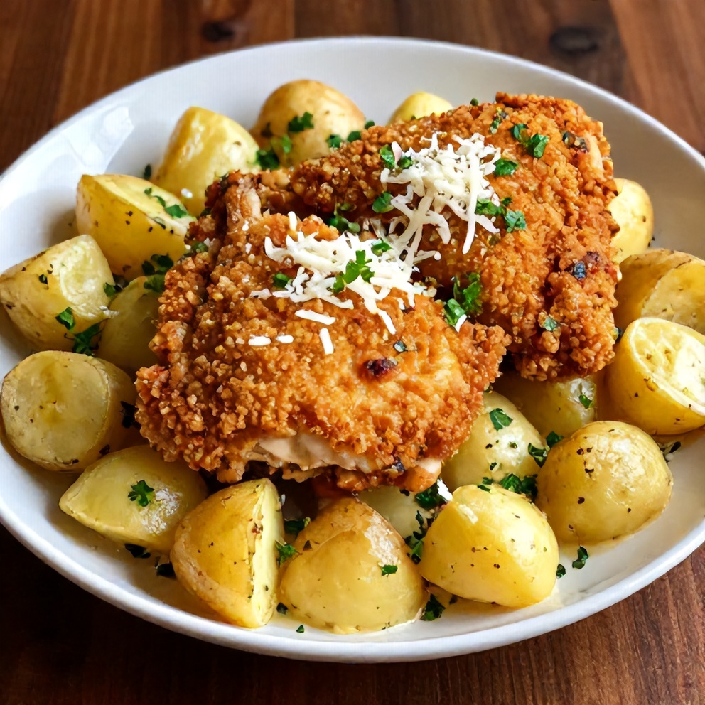 Plated Garlic Parmesan Chicken and Potatoes