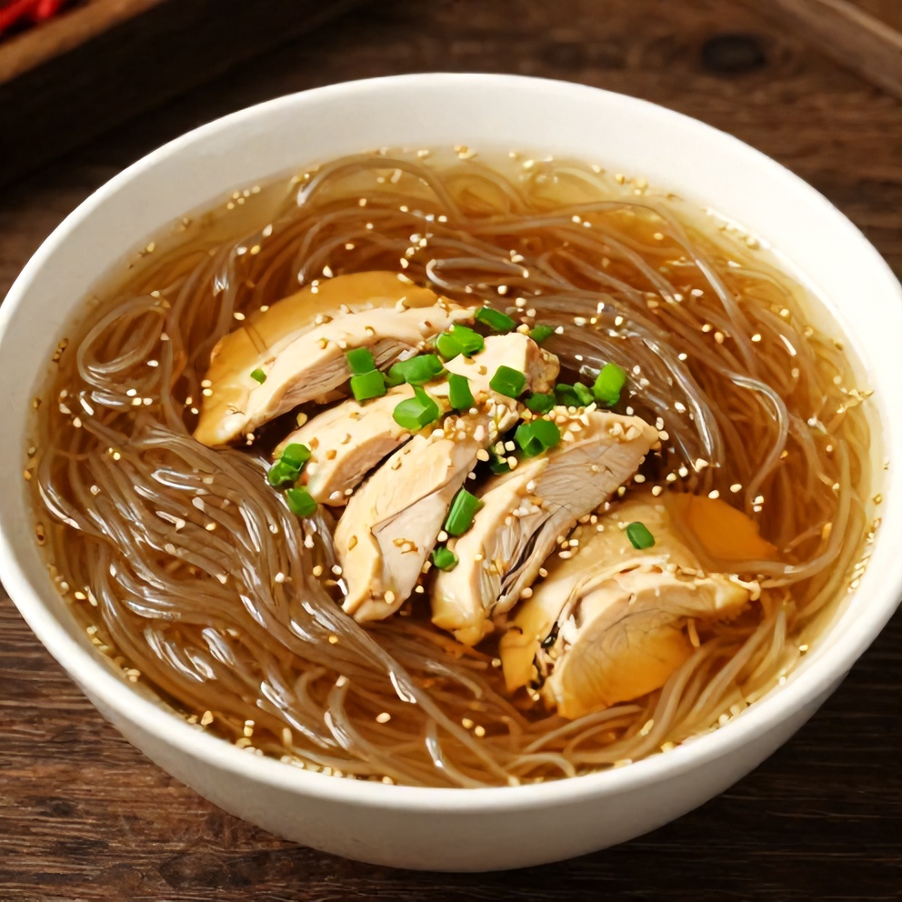 Bowl of Ginger Scallion Chicken Noodle Soup with green onions