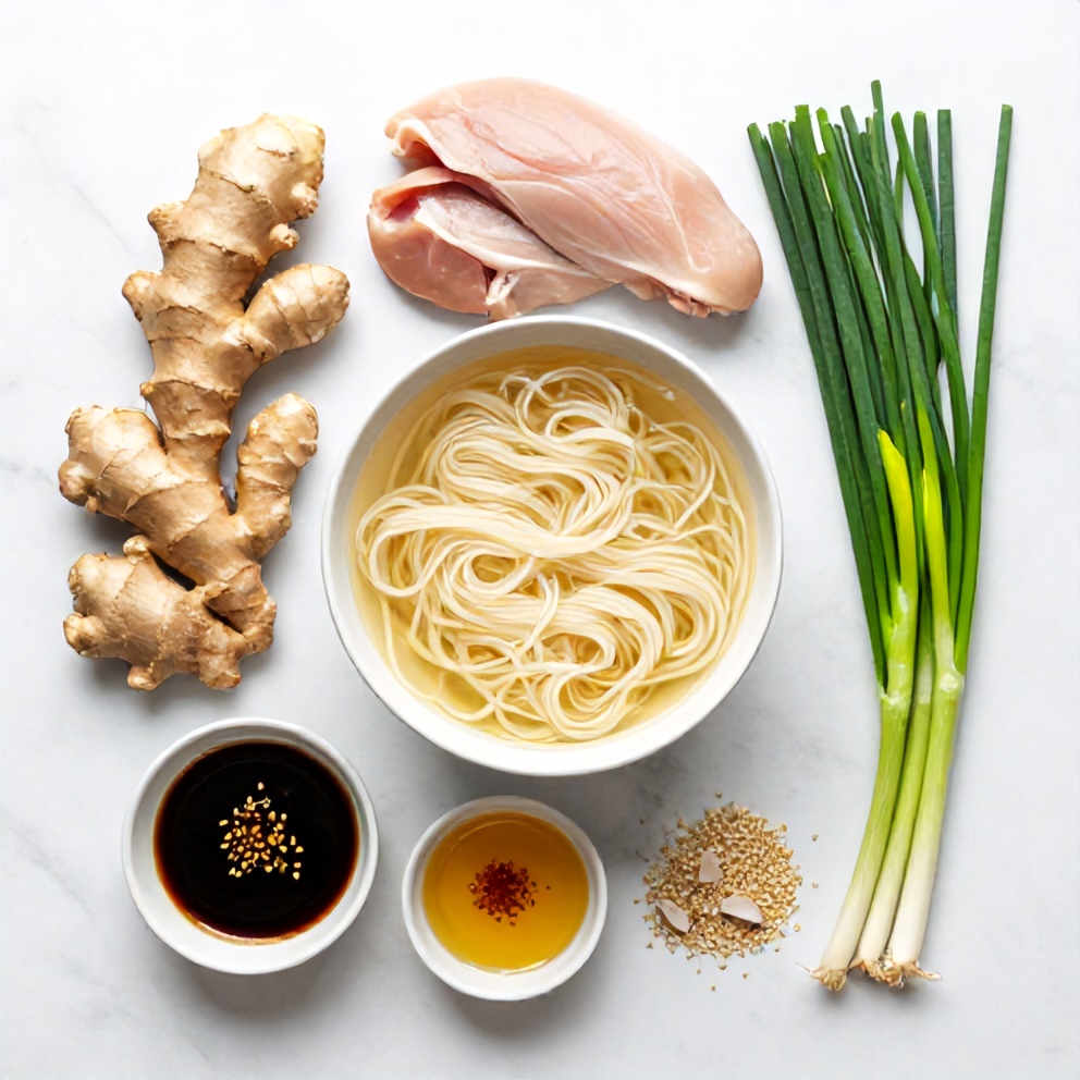 Raw ingredients for Ginger Scallion Chicken Noodle Soup