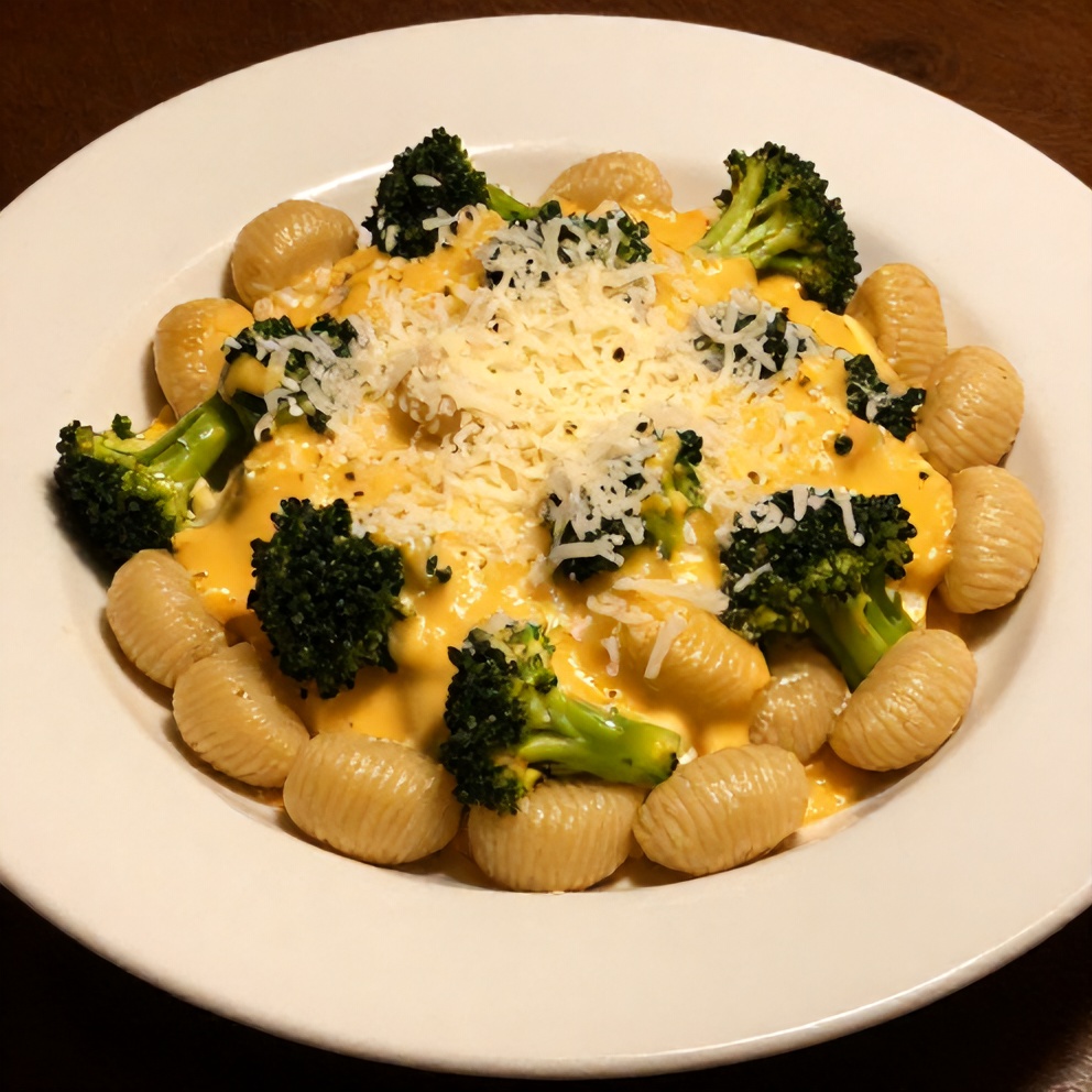Plated Gnocchi Broccoli Bake with Cheese Sauce