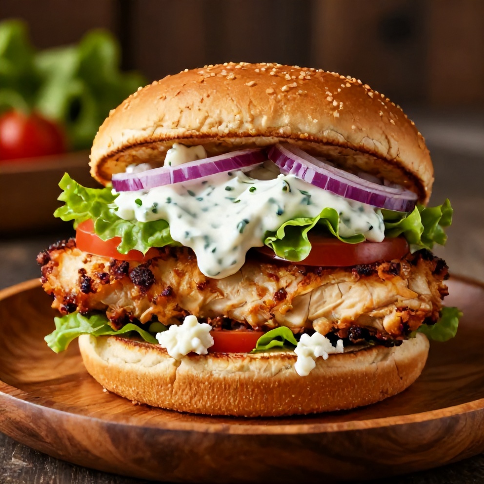 Plated Greek chicken burger with tzatziki sauce